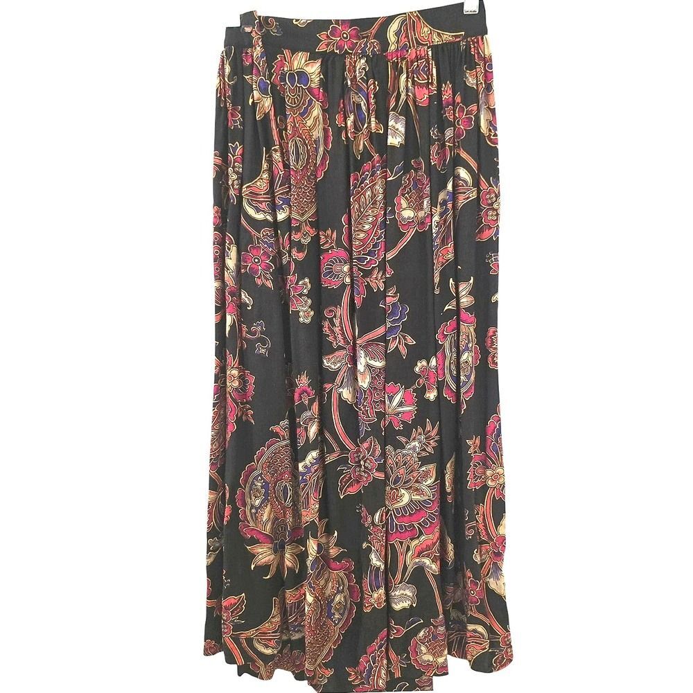 Vintage 1990s Anya by Mandy Womens 9/10 Black Floral Rayon Maxi Skirt USA Boho